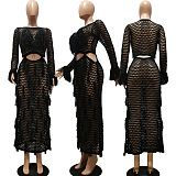 SUPER WHOLESALE | Knitted Hollow-out Tassel Deco Long Dress in Black