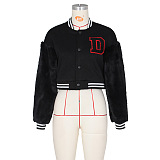 SUPER WHOLESALE | Wool Sleeve Patchwork Button Up Baseball Jacket in Black