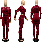 SUPER WHOLESALE | Ruffle Crop Hoodie Tracking Suit in Wine Red