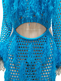 SUPER WHOLESALE | Knitted Hollow-out Tassel Deco Long Dress in Blue