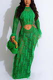 SUPER WHOLESALE | Knitted Hollow-out Tassel Deco Long Dress in Green