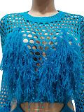 SUPER WHOLESALE | Knitted Hollow-out Tassel Deco Long Dress in Blue