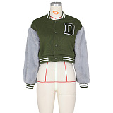 SUPER WHOLESALE | Wool Sleeve Patchwork Button Up Baseball Jacket in Green