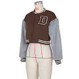 SUPER WHOLESALE | Wool Sleeve Patchwork Button Up Baseball Jacket in Brown