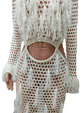 SUPER WHOLESALE | Knitted Hollow-out Tassel Deco Long Dress in White