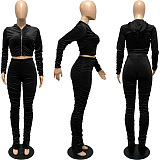 SUPER WHOLESALE | Ruffle Crop Hoodie Tracking Suit in Black