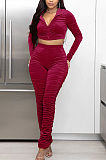 SUPER WHOLESALE | Ruffle Crop Hoodie Tracking Suit in Wine Red