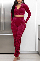 SUPER WHOLESALE | Ruffle Crop Hoodie Tracking Suit in Wine Red
