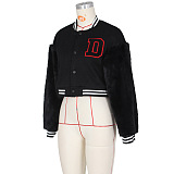 SUPER WHOLESALE | Wool Sleeve Patchwork Button Up Baseball Jacket in Black