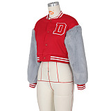 SUPER WHOLESALE | Wool Sleeve Patchwork Button Up Baseball Jacket in Red