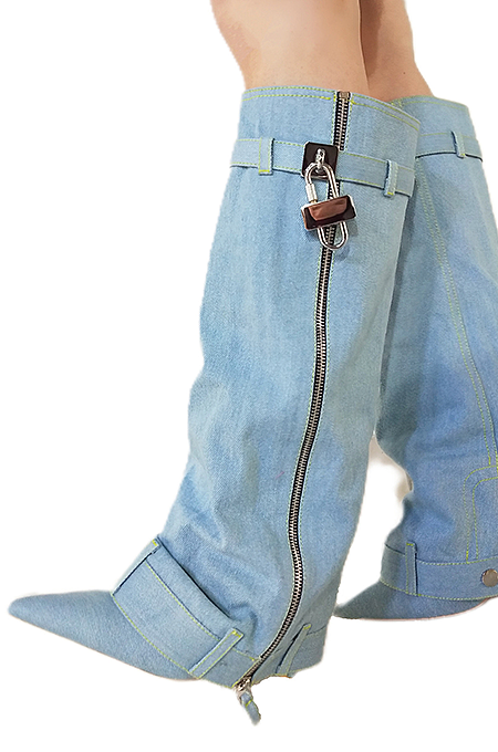 SUPER WHOLESALE | GG Buckle Side Zip Up Boots in Blue（Heel Height：11cmH）