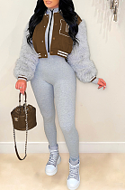 SUPER WHOLESALE | Wool Sleeve Patchwork Button Up Baseball Jacket in Brown