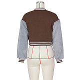 SUPER WHOLESALE | Wool Sleeve Patchwork Button Up Baseball Jacket in Brown