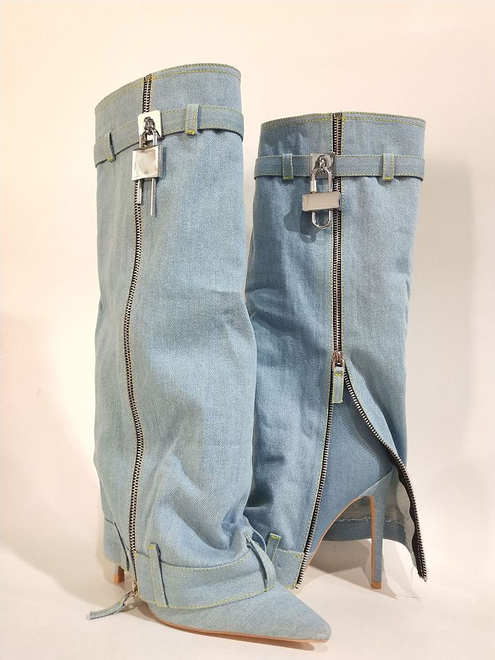 SUPER WHOLESALE | GG Buckle Side Zip Up Boots in Blue（Heel Height：11cmH）