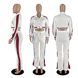 SUPER WHOLESALE | Side Strip Printed Crop Jacket Top & Straight Self-tied Pants in White
