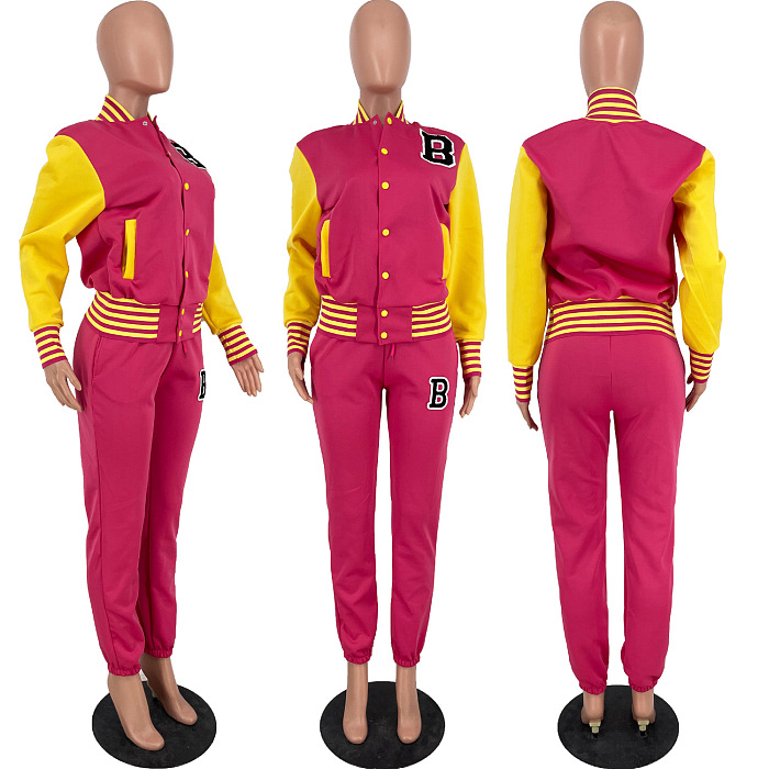 SUPER WHOLESALE | Two Tones Jacket Top & Jogger Pants in Rose Red