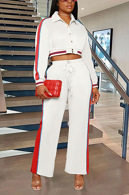 SUPER WHOLESALE | Side Strip Printed Crop Jacket Top & Straight Self-tied Pants in White