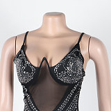 SUPER WHOLESALE | Chiffon Patchwork Rhinstone Deco Back Zip Up Maxi Mini Dress in Black