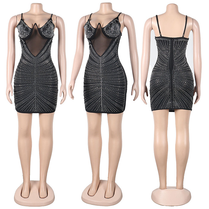 SUPER WHOLESALE | Chiffon Patchwork Rhinstone Deco Back Zip Up Maxi Mini Dress in Black