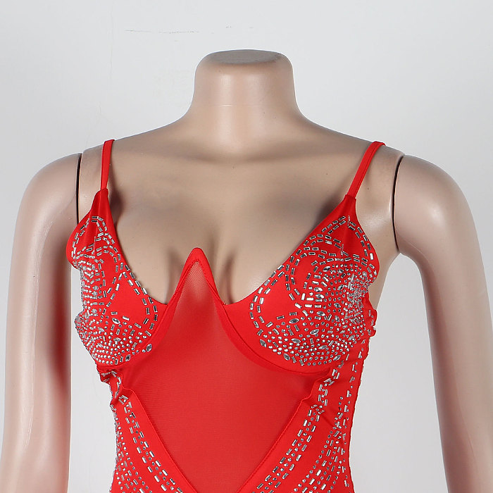 SUPER WHOLESALE | Chiffon Patchwork Rhinstone Deco Back Zip Up Maxi Mini Dress in Red
