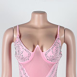 SUPER WHOLESALE | Chiffon Patchwork Rhinstone Deco Back Zip Up Maxi Mini Dress in Pink