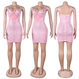 SUPER WHOLESALE | Chiffon Patchwork Rhinstone Deco Back Zip Up Maxi Mini Dress in Pink