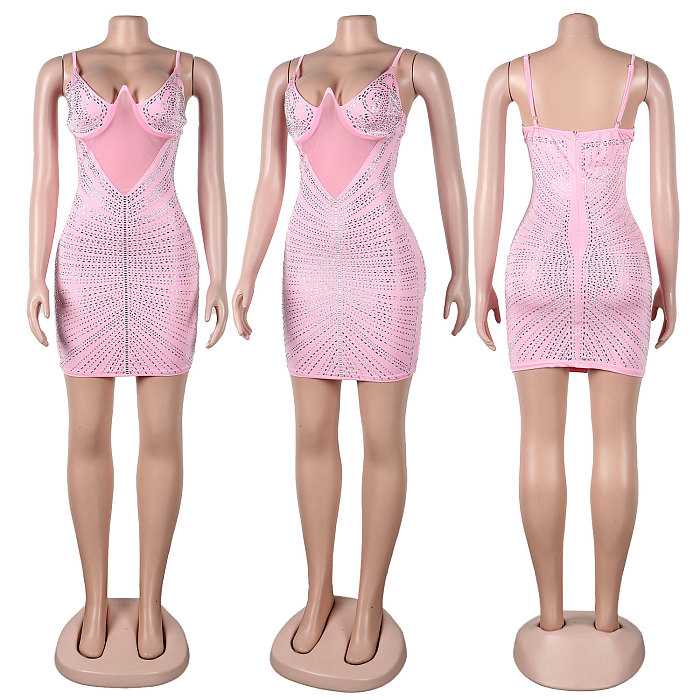 SUPER WHOLESALE | Chiffon Patchwork Rhinstone Deco Back Zip Up Maxi Mini Dress in Pink