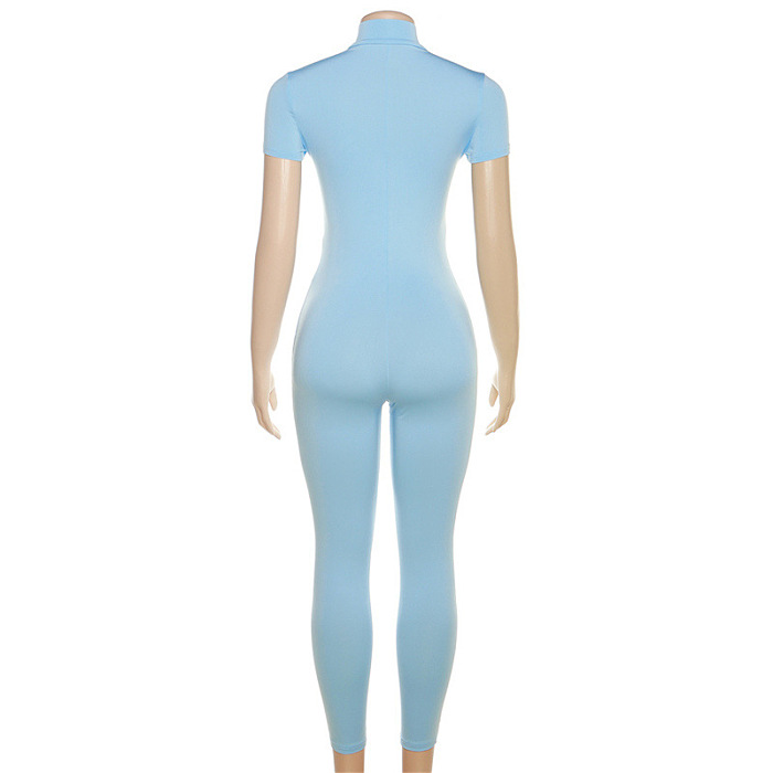 SUPER WHOLESALE | Embroidered Front Half Zip Up Shor Sleeve Jumpsuit