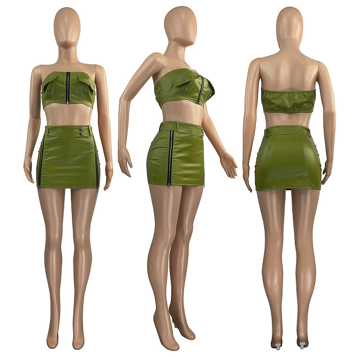 SUPER WHOLESALE | Zip Up Bra Top & Side Zip Up Skirt in Solid
