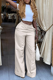 SUPER WHOLESALE | Button-lock Waist Loose Straight Down Pants in Solid