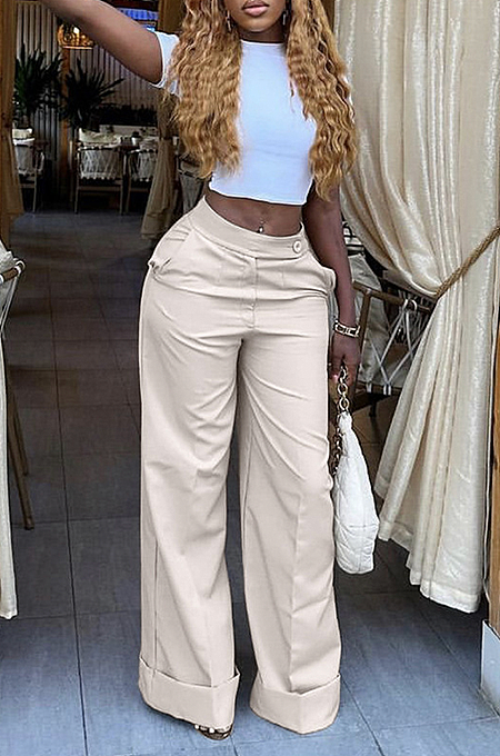 SUPER WHOLESALE | Button-lock Waist Loose Straight Down Pants in Solid