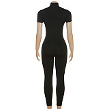 SUPER WHOLESALE | Embroidered Front Half Zip Up Shor Sleeve Jumpsuit in Black