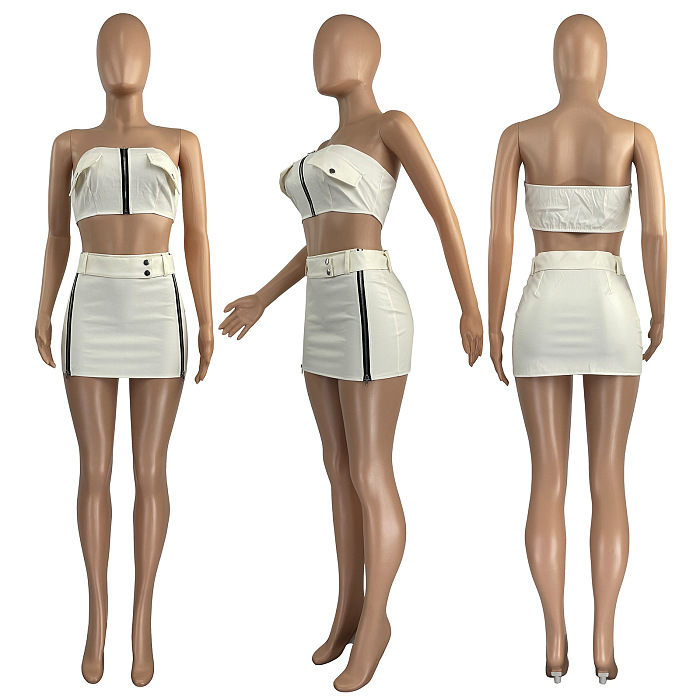 SUPER WHOLESALE | Zip Up Bra Top & Side Zip Up Skirt in Solid