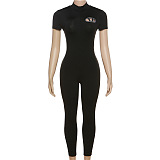 SUPER WHOLESALE | Embroidered Front Half Zip Up Shor Sleeve Jumpsuit in Black