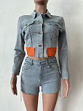 SUPER WHOLESALE | Denim Blue Button Up Jacket Top & Shorts with Side Chain Deco