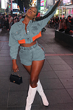 SUPER WHOLESALE | Denim Blue Button Up Jacket Top & Shorts with Side Chain Deco