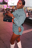 SUPER WHOLESALE | Denim Blue Button Up Jacket Top & Shorts with Side Chain Deco
