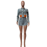 SUPER WHOLESALE | Denim Blue Button Up Jacket Top & Shorts with Side Chain Deco
