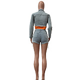 SUPER WHOLESALE | Denim Blue Button Up Jacket Top & Shorts with Side Chain Deco