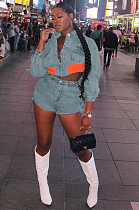 SUPER WHOLESALE | Denim Blue Button Up Jacket Top & Shorts with Side Chain Deco