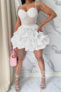SUPER WHOLESALE | Rhinestone Deco Wave Bottom Maxi Dress in White