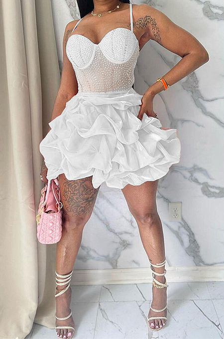 SUPER WHOLESALE | Rhinestone Deco Wave Bottom Maxi Dress in White