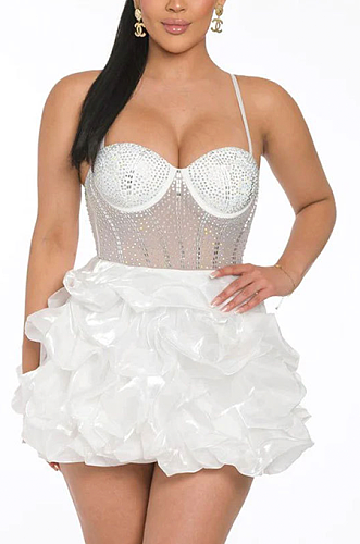 SUPER WHOLESALE | Rhinestone Deco Wave Bottom Maxi Dress in White
