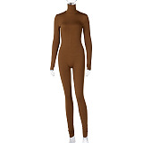 SUPER WHOLESALE | Turtle Neck Long Sleeve Jumpsuit in Coffee