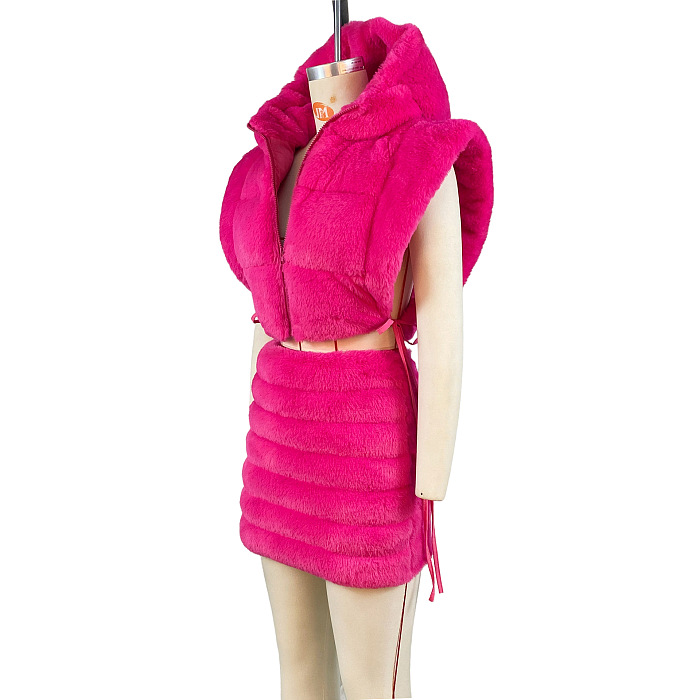 SUPER WHOLESALE | Furry Off Shoulder Hoodie Top & Skirt in Solid