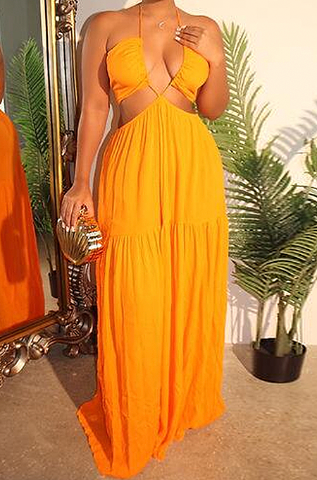 SUPER WHOLESALE | Flare Bottom Halter Open-back Dress in Orange