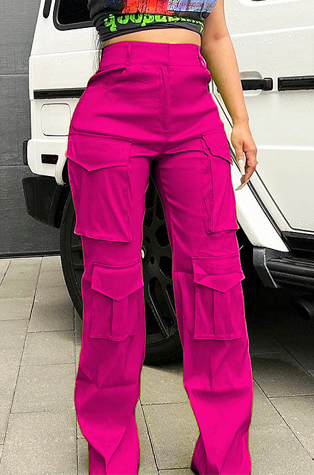 SUPER WHOLESALE | Elastic Fabric Cargo Pants in Rose Red