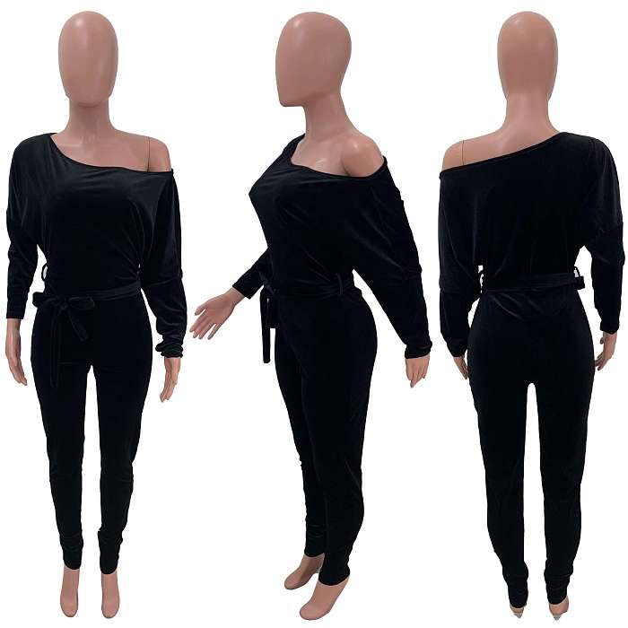 SUPER WHOLESALE | Velvet Bat Shoulder Jumpsuit