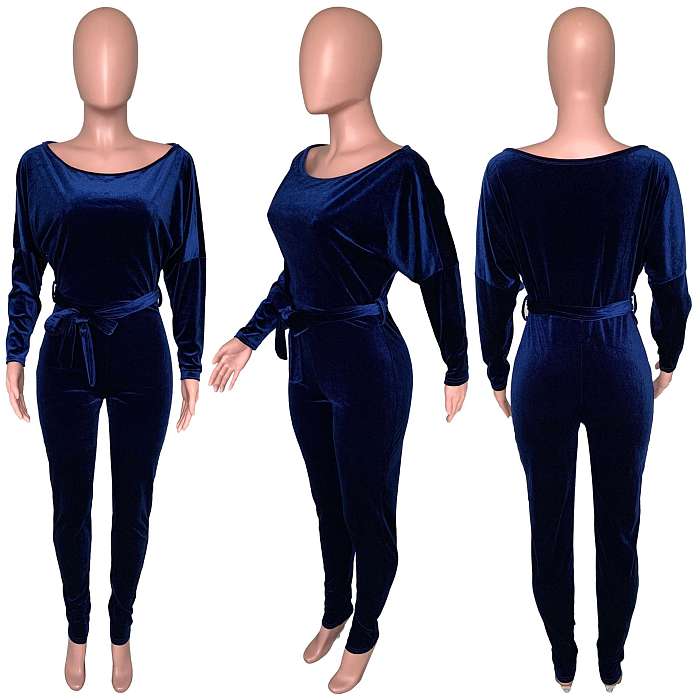 SUPER WHOLESALE | Velvet Bat Shoulder Jumpsuit