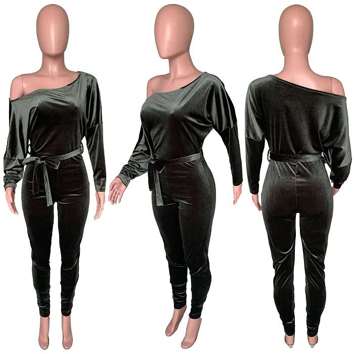 SUPER WHOLESALE | Velvet Bat Shoulder Jumpsuit